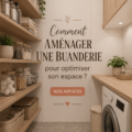Aménagement d'une buanderie pratique avec rangements et éclairage doux.