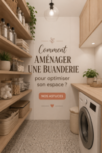 Aménagement d'une buanderie pratique avec rangements et éclairage doux.