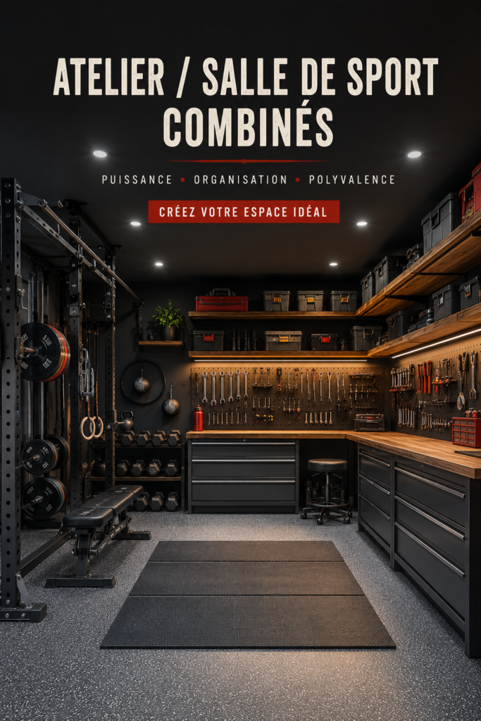 Garage aménagé en espace multi-usage avec un coin gym et un atelier créatif.
