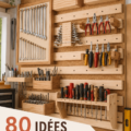 Atelier avec outils bien rangés sur des étagères et un panneau perforé
