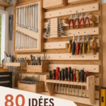 Atelier avec outils bien rangés sur des étagères et un panneau perforé