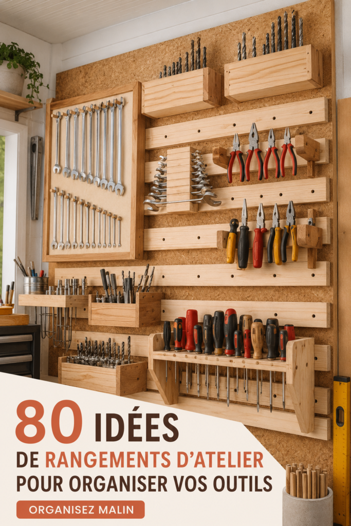 Atelier avec outils bien rangés sur des étagères et un panneau perforé