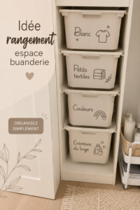 Une buanderie organisée avec des étagères et des paniers de rangement.