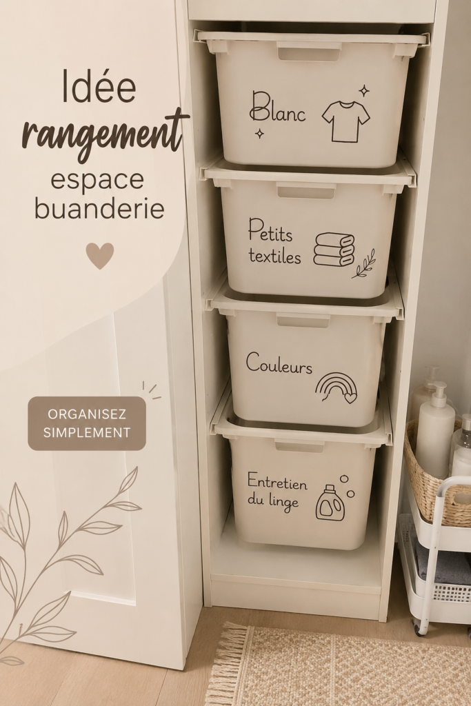 Une buanderie organisée avec des étagères et des paniers de rangement.