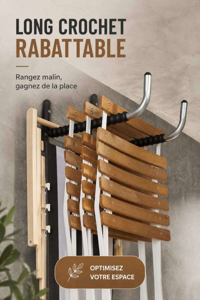 Crochet rabattable sur une table de travail, outil de bricolage essentiel.