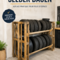 Un meuble à pneus DIY dans un garage bien organisé.