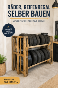 Un meuble à pneus DIY dans un garage bien organisé.