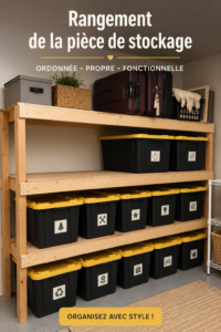 Une pièce de rangement soigneusement organisée avec des boîtes étiquetées et des étagères bien disposées.