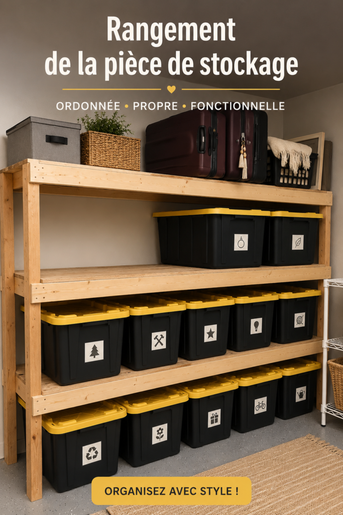 Une pièce de rangement soigneusement organisée avec des boîtes étiquetées et des étagères bien disposées.