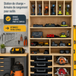 Un garage bien organisé avec une station de charge et un rangement efficace pour les outils.