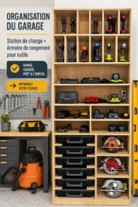Un garage bien organisé avec une station de charge et un rangement efficace pour les outils.