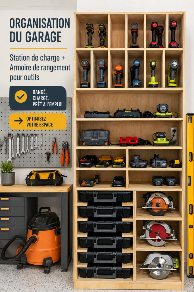 Un garage bien organisé avec une station de charge et un rangement efficace pour les outils.