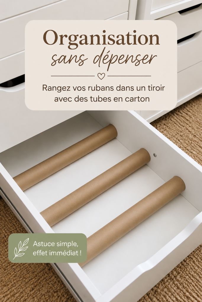 Un coin créatif organisé avec des tubes en carton pour le rangement des rubans.