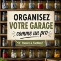 Garage bien organisé avec des étagères et des outils rangés.