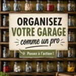 Garage bien organisé avec des étagères et des outils rangés.