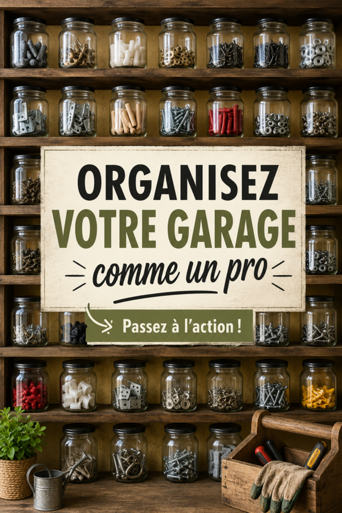 Garage bien organisé avec des étagères et des outils rangés.