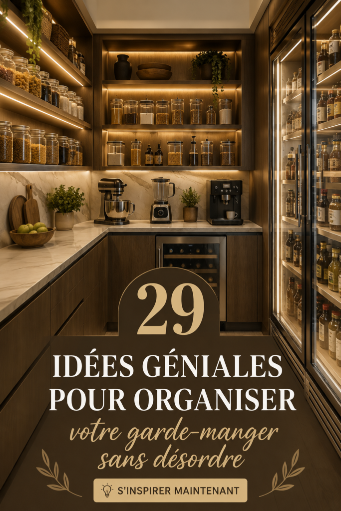 Un garde-manger moderne et bien organisé avec des contenants étiquetés.