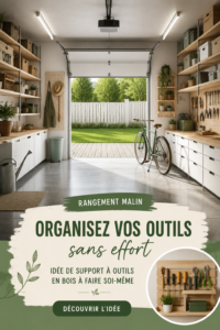 Porte-outils en bois fait maison, bien organisé avec divers outils.