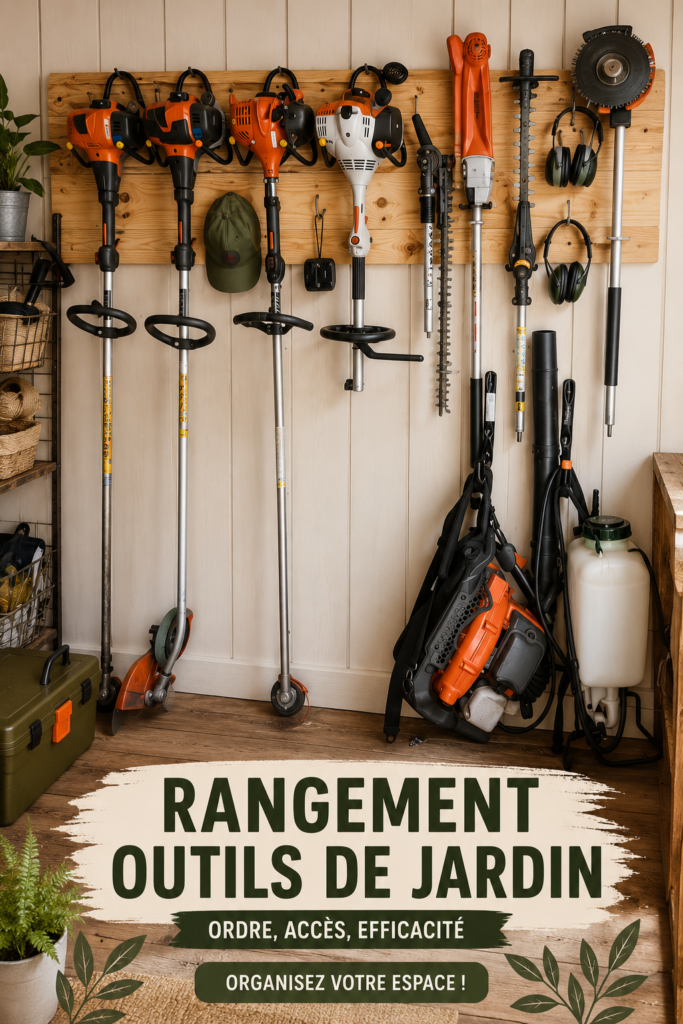 Espace de rangement bien organisé pour outils de jardin montrant des étagères et des suspensions