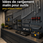 Un espace de travail organisé avec des outils bien rangés sur des étagères.