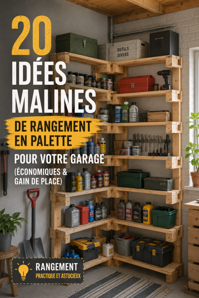 Garage organisé avec des rangements en palettes en bois