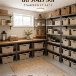 Sous-sol bien rangé avec étagères et bacs de rangement