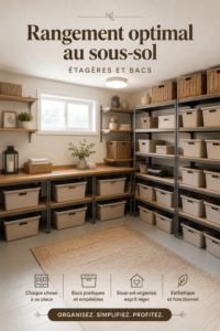 Sous-sol bien rangé avec étagères et bacs de rangement