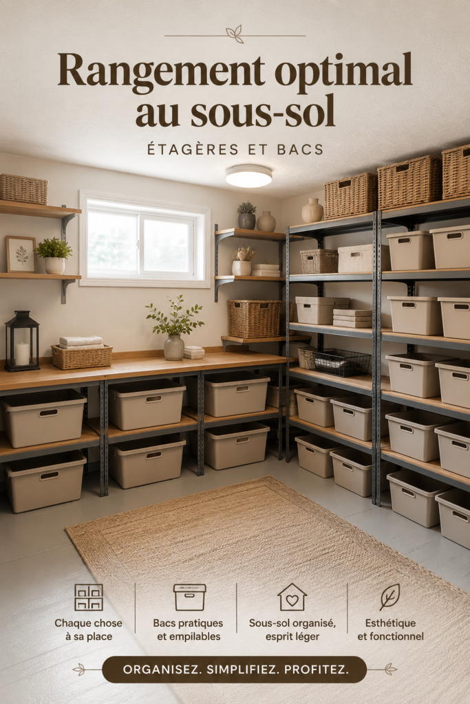 Sous-sol bien rangé avec étagères et bacs de rangement