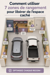 Garage bien organisé avec des zones de rangement distinctes et pratiques.