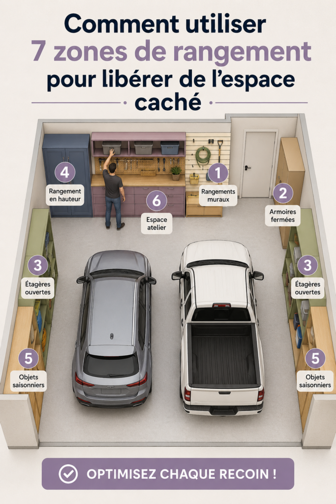 Garage bien organisé avec des zones de rangement distinctes et pratiques.