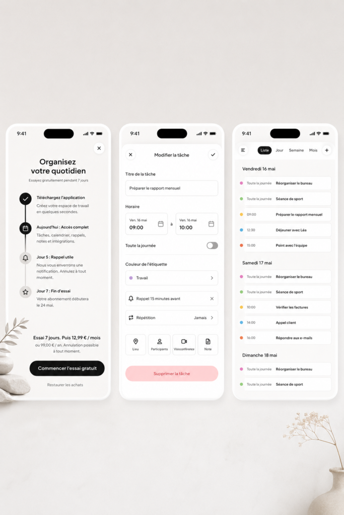 Illustration de l'application Schedula montrant un emploi du temps organisé et des tâches à réaliser
