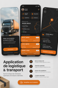 Illustration d'une application logistique sur un smartphone avec des graphiques de suivi des livraisons.