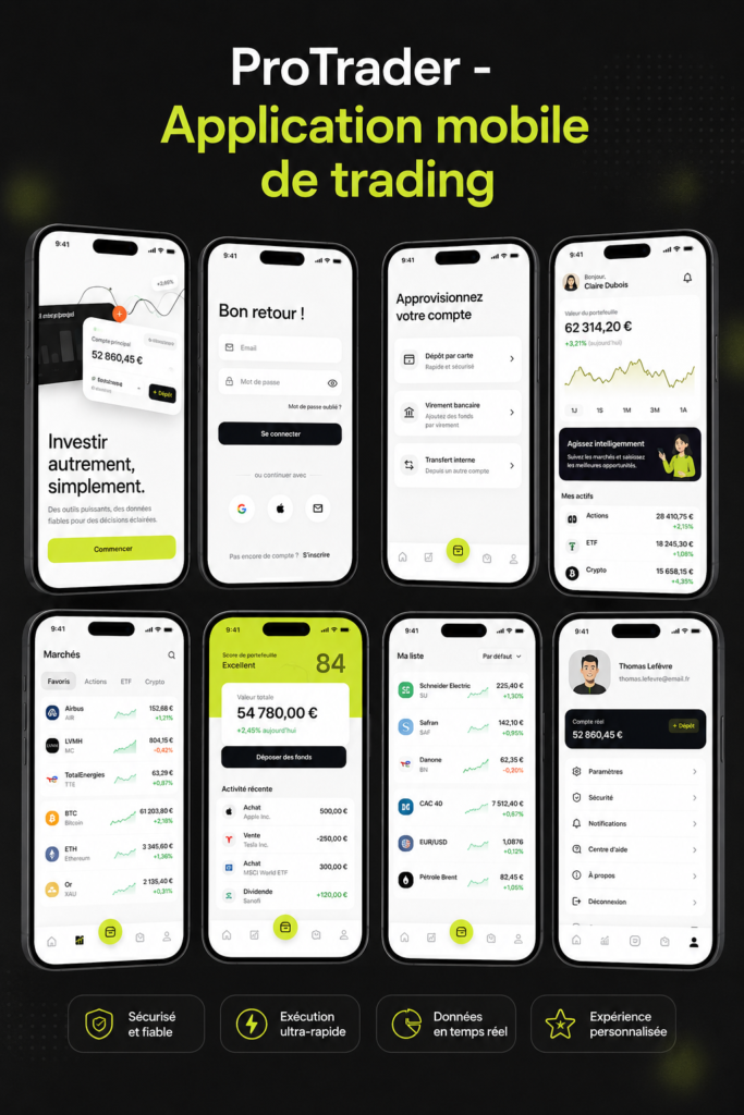 Capture d'écran d'une application de trading mobile avec interface conviviale
