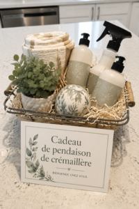 Une belle sélection de cadeaux de crémaillère sur une table décorée.