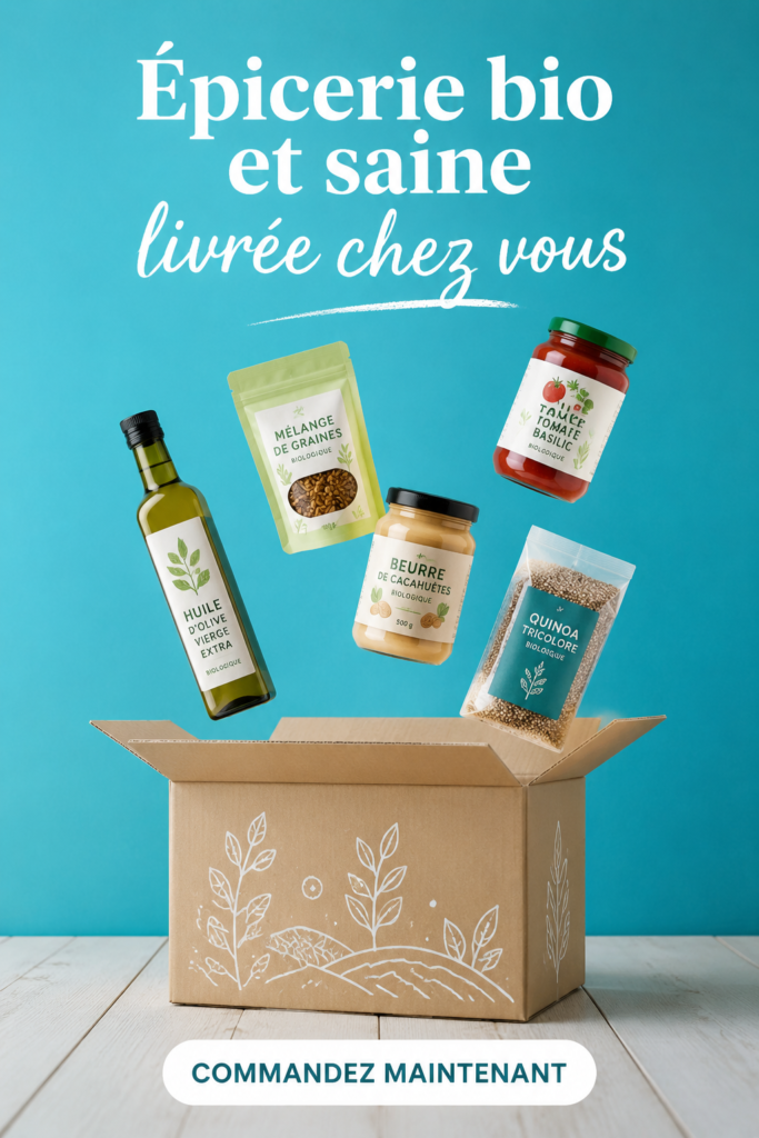 Un panier de courses bio fraîches livré chez soi, mettant en avant des fruits et légumes de saison.