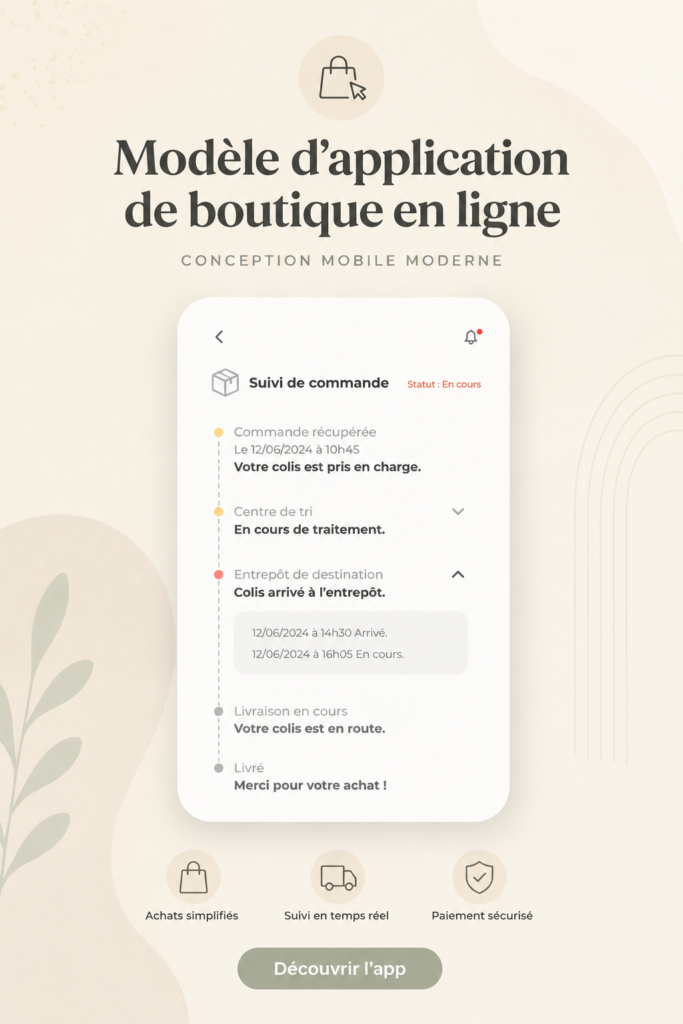 Maquette d'un design d'application mobile pour boutique en ligne.