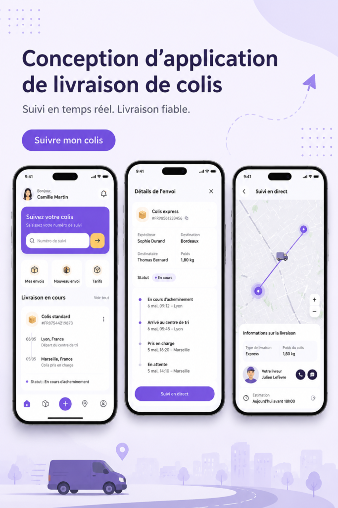 Design d'une application de livraison de colis moderne, avec interface utilisateur conviviale