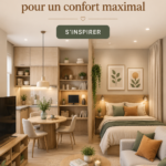Un petit appartement modernement aménagé avec des couleurs chaudes et des meubles multifonctionnels.
