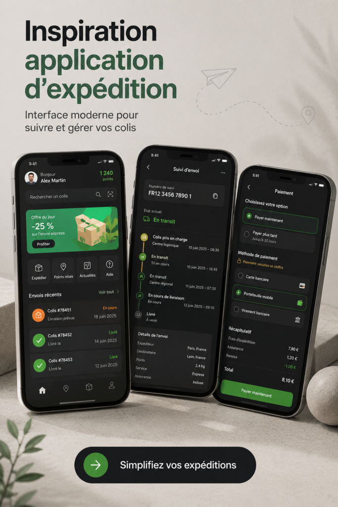 Capture d'écran d'une application d'expédition avec interface pratique et intuitive.