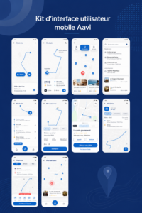 Capture d'écran du kit UI Aavi montrant plusieurs modèles d'application mobile.