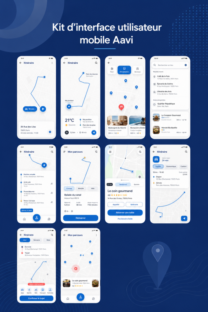 Capture d'écran du kit UI Aavi montrant plusieurs modèles d'application mobile.