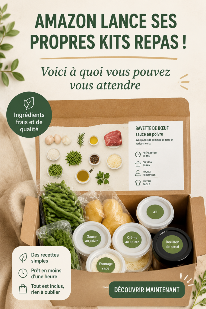 Image de kits repas variés proposés par Amazon, illustrant des ingrédients frais et des recettes faciles.