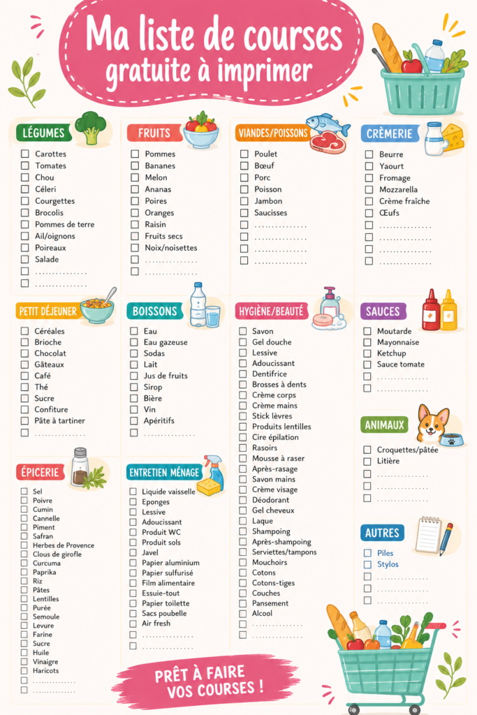 Modèle de liste de courses imprimable avec des sections pour les produits frais et les articles secs.