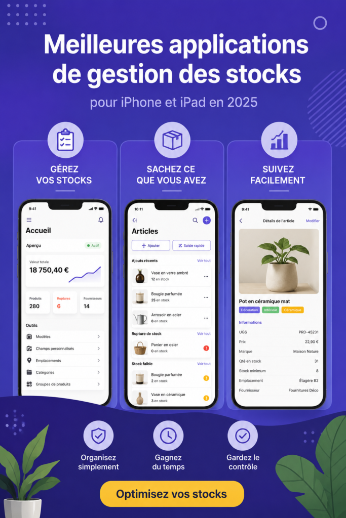 illustration montrant l'interface d'une application de gestion d'inventaire sur un smartphone