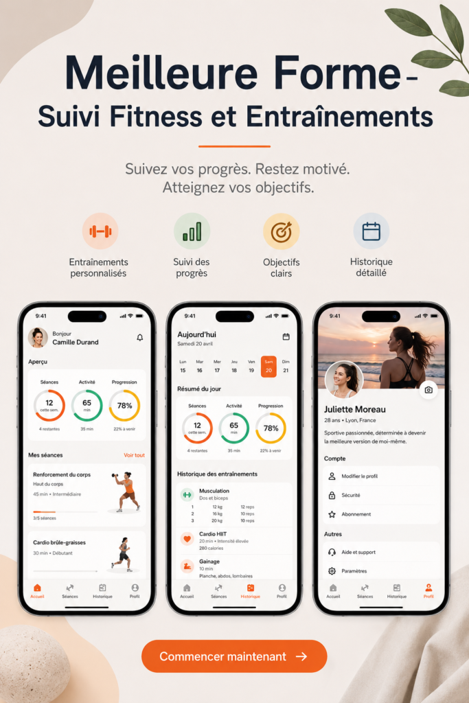 Capture d'écran d'une appli de fitness montrant un suivi d'entraînement