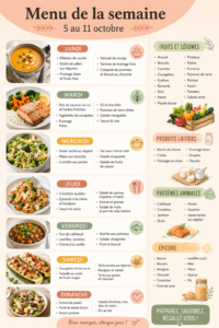 Un beau tableau de menu hebdomadaire avec des plats équilibrés et colorés