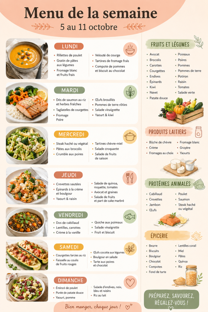Un beau tableau de menu hebdomadaire avec des plats équilibrés et colorés