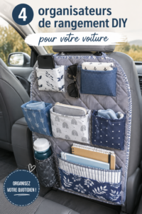 Image d'organisateurs DIY pour voiture sur un siège, montrant un intérieur bien rangé.