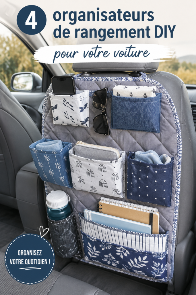 Image d'organisateurs DIY pour voiture sur un siège, montrant un intérieur bien rangé.
