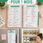 Femme souriante organisant ses repas du mois avec des notes et des recettes